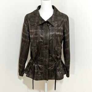 Zenergy By Chico’s Full Zip Brown Embossed Jacket w/ Draw Cord Waist Size 2 = L